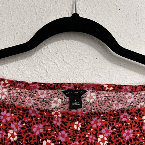 Ann Taylor Red Pink Dainty Floral Bouse Top Smocked Waist Bell Sleeves Size M - Picture 6 of 10